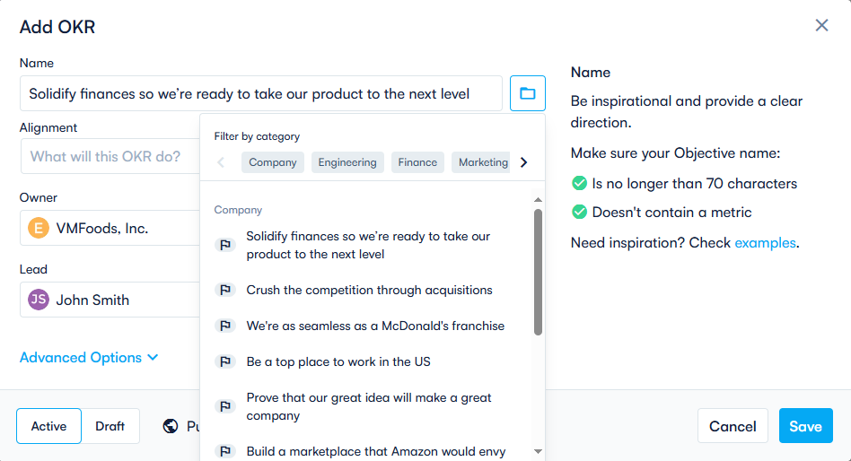 Adding Default OKRs for Selected Templates